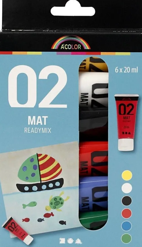 Akrylmaling - Mat - Assorterede Farver - 02 - 6X20Ml - A-Color
