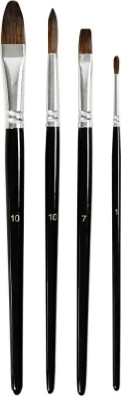Akvarelpensler - Nr. 1-7-10 - L 17,5-20,5 CM - B 3-13 MM - Korte Skafter - 4 Stk