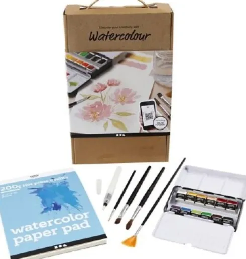 Akvarelsæt - Med Maling, Pensler Og Blok - DIY Kit