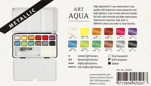 Art Aqua Akvarelfarver - Str. 10X15 MM - Metallicfarver - 12 Frv