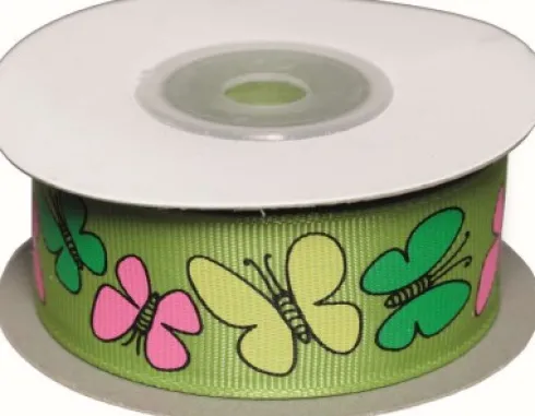 Dekobånd Grøn M/Sommerfugle 25Mm 10M - Polyester