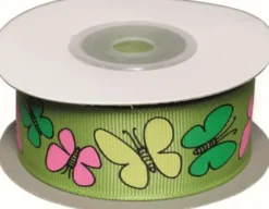 Dekobånd Grøn M/Sommerfugle 25Mm 10M - Polyester