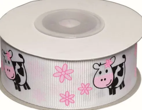 Dekobånd Hvid M/Køer 25Mm 10M - Polyester