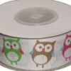 Dekobånd Hvid M/Ugler 25Mm 10M - Polyester