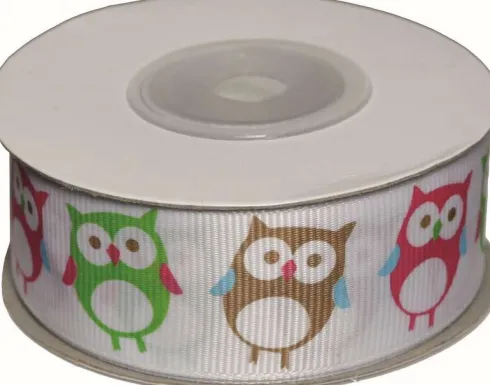 Dekobånd Hvid M/Ugler 25Mm 10M - Polyester