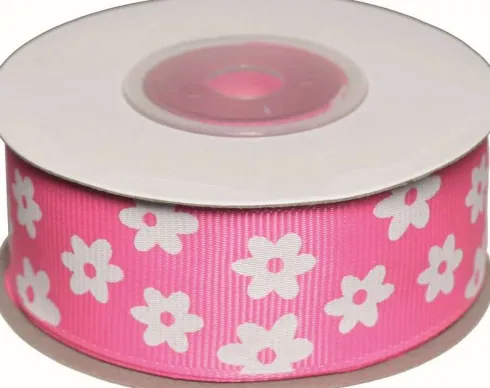 Dekobånd Pink M/Blomst 25Mm 10 - Polyester