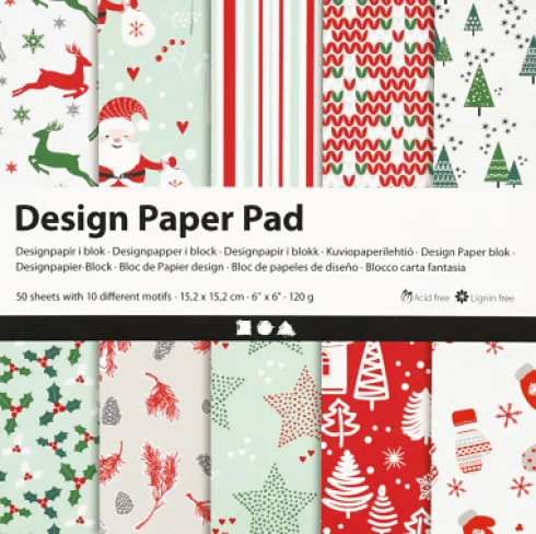 Designpapir I Blok - 15,2X15,2 CM - 120 G - Grøn Rød - Hvid - 50 Ark