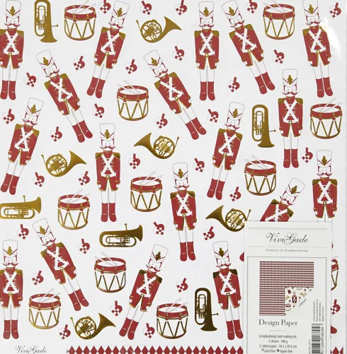 Designpapir - Nøddeknækker - 180 G - Guld - Rød - Hvid - 3 Ark