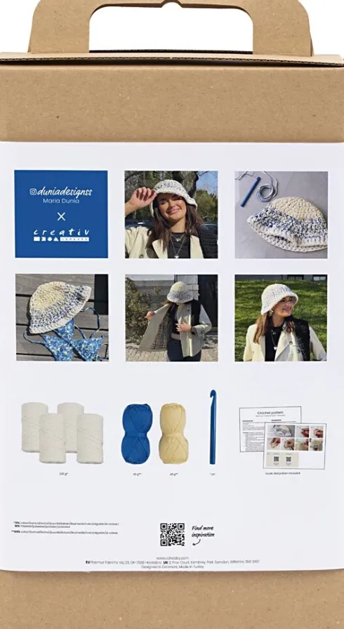 DIY Kit Hækle - Chunky Bøllehat - Blå - Lys Natur - Gul