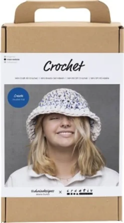 DIY Kit Hækle - Chunky Bøllehat - Blå - Lys Natur - Gul