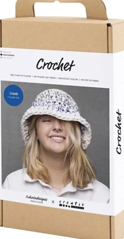 DIY Kit Hækle - Chunky Bøllehat - Blå - Lys Natur - Gul