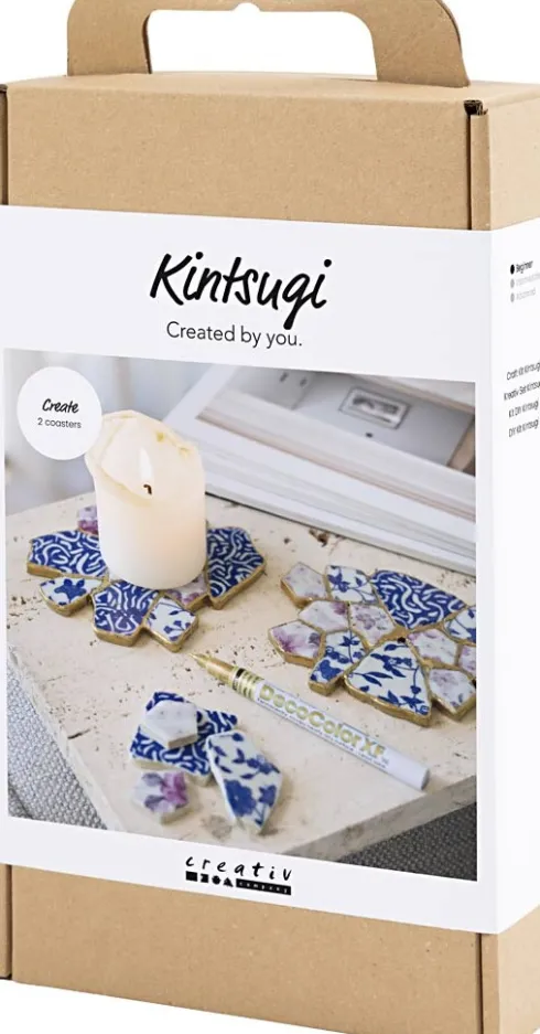 DIY Kit Kintsugi - Coasters - Blå - Guld - Lys Rød - Hvid