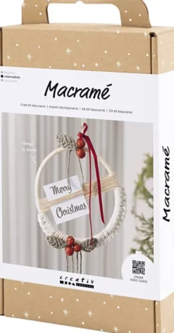 DIY Macramé Kit - Julekrans - Mos Grøn - Julerød - Råhvid