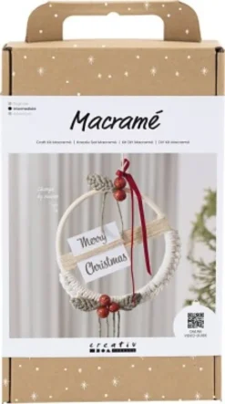DIY Macramé Kit - Julekrans - Mos Grøn - Julerød - Råhvid
