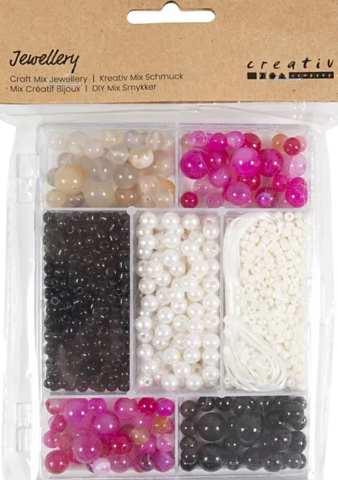 DIY Mix Smykker - Agater - Str. 2,6-10 MM - Hulstr. 0,8-1,8 MM - Beige - Sort - Pink - Hvid Perlemor