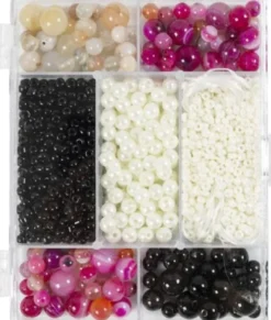 DIY Mix Smykker - Agater - Str. 2,6-10 MM - Hulstr. 0,8-1,8 MM - Beige - Sort - Pink - Hvid Perlemor