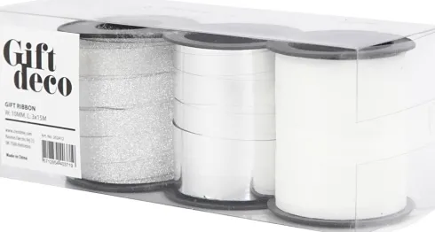 Gavebånd - Sølv Glitter - Sølv - Hvid - B 10 MM - 3X15 M