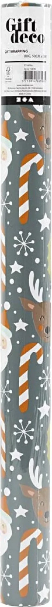 Gavepapir - Julemand - Julegave - Slikstok - Rensdyr - B 50 CM - 80 G - Grå - 5 M