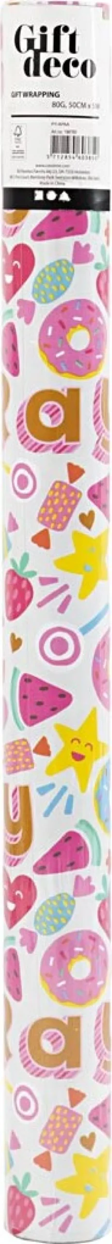 Gavepapir - Slik - Frugt Og Donuts - Lys Turkis - B 50 CM - 80 G - 5 M