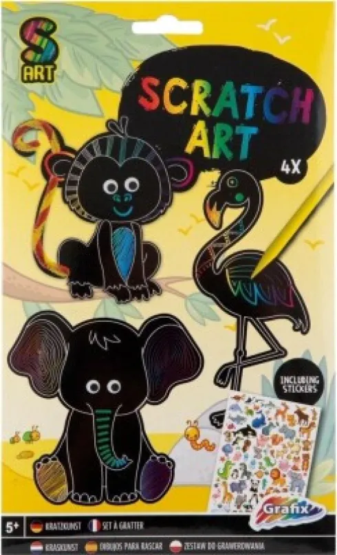 Grafix - Scratch Art Sæt Inkl. Stickers - Løve Elefant Pelikan