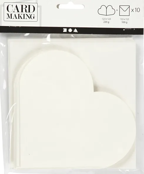 Hjertekort - Kort Str. 12,5X12,5 CM - Kuvert Str. 13,5X13,5 CM - Råhvid - 10 Sæt