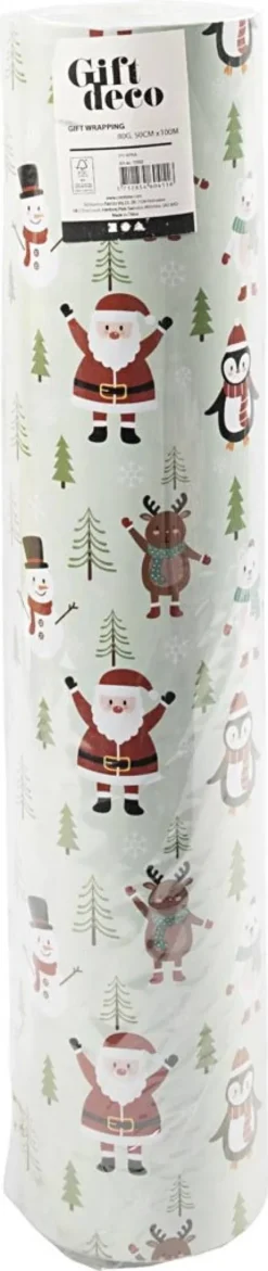 Julegavepapir - 100 M X 50 CM - Julefigurer Juletræer - Isblå - 80 G