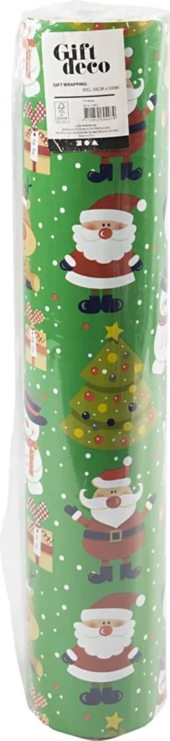 Julegavepapir - 100 M X 50 CM - Julefigurer Juletræer - Grøn - 80 G