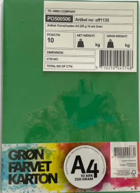 Karton A4 220 G - 10 Ark - Grøn