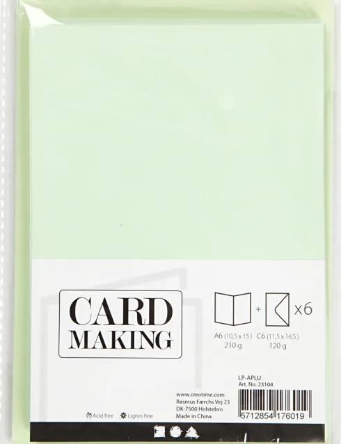 Kort Og Kuverter - Kort Str. 10,5X15 CM - Kuvert Str. 11,5X16,5 CM - 120+210 G - Lys Grøn - 6 Sæt