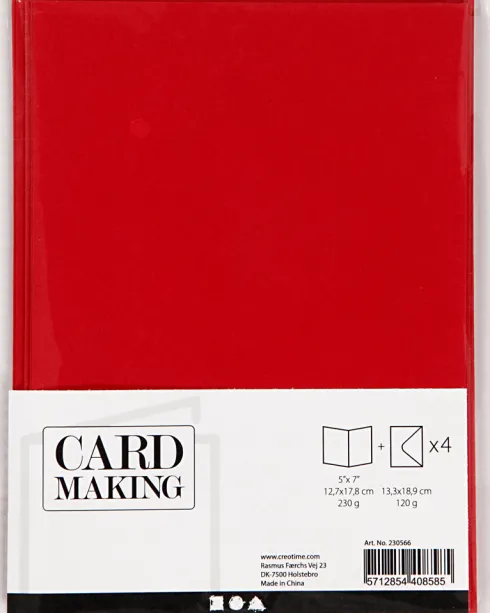 Kort Og Kuverter - Kort Str. 12,7X17,8 CM - Kuvert Str. 13,3X18,5 CM - 230 G - Rød - 4 Sæt