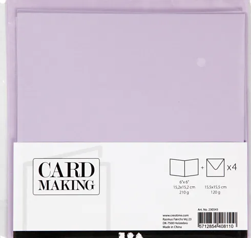Kort Og Kuverter - Kort Str. 15,2X15,2 CM - Kuvert Str. 16X16 CM - 210 G - Lys Lilla - 4 Sæt