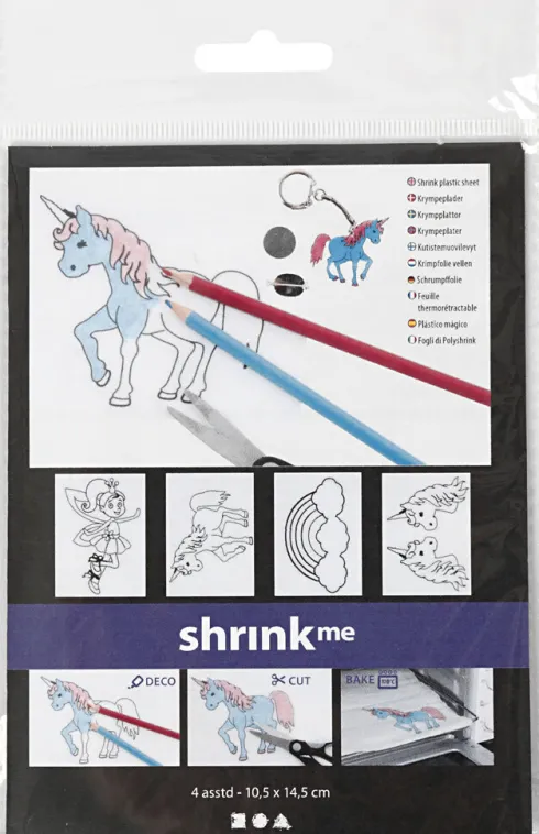 Krympeplast Med Motiver - Enhjørning - 10,5X14,5 CM - Tykkelse 0,3 MM - Mat Transparent - 4 Ark