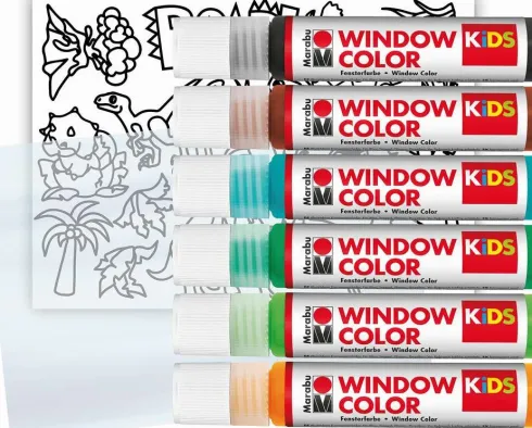 Marabu - Fun & Fancy - Vinduesmaling - Dinosaur + Motiver - 6X25 ML