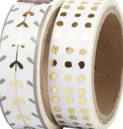 Masking Tape - Hjerter Og Prikker - Folie - B 15 MM - Guld - Hvid - 2X4 M