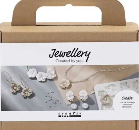 Mini DIY Kit Smykker - Øreringe - Armbånd Og Halskæde Med Blomsterdesign - Beige - Lys Pudder - Varm Beige
