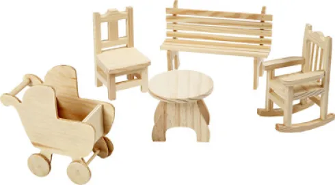 Minimøbler - Stol - Bænk - Gyngestol - Bord - Barnevogn - H 5,8-10,5 CM - 50 Stk
