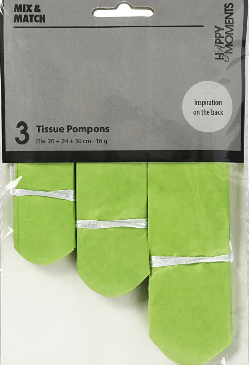 Papir Pomponer - Ø 20+24+30 CM - 16 G - Limegrøn - 3 Stk