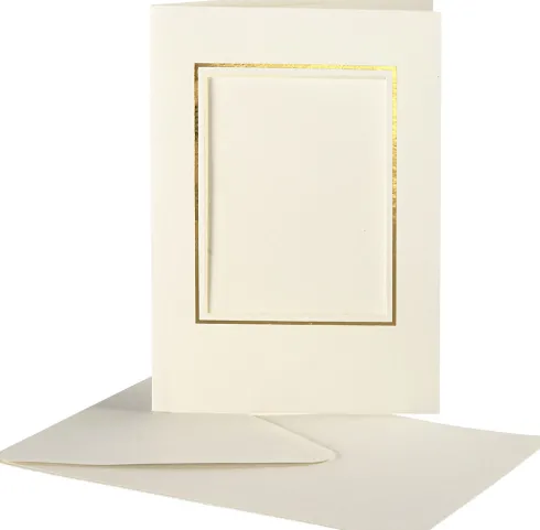 Passepartoutkort Med Kuvert - Rektangulær Med Guldkant - Kort Str. 10,5X15 CM - Kuvert Str. 11,5X16,5 CM - Råhvid - 10 Sæt