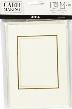 Passepartoutkort Med Kuvert - Rektangulær Med Guldkant - Kort Str. 10,5X15 CM - Kuvert Str. 11,5X16,5 CM - Råhvid - 10 Sæt