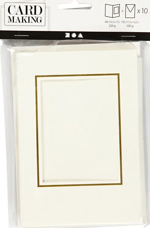 Passepartoutkort Med Kuvert - Rektangulær Med Guldkant - Kort Str. 10,5X15 CM - Kuvert Str. 11,5X16,5 CM - Råhvid - 10 Sæt