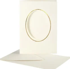 Passepartoutkort Med Kuvert - Oval Med Guldkant - Kort Str. 10,5X15 CM - Kuvert Str. 11,5X16,5 CM - Råhvid - 10 Sæt