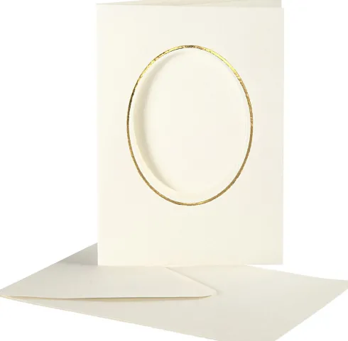 Passepartoutkort Med Kuvert - Oval Med Guldkant - Kort Str. 10,5X15 CM - Kuvert Str. 11,5X16,5 CM - Råhvid - 10 Sæt