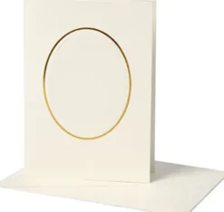 Passepartoutkort Med Kuvert - Oval Med Guldkant - Kort Str. 10,5X15 CM - Kuvert Str. 11,5X16,5 CM - Råhvid - 10 Sæt