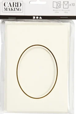 Passepartoutkort Med Kuvert - Oval Med Guldkant - Kort Str. 10,5X15 CM - Kuvert Str. 11,5X16,5 CM - Råhvid - 10 Sæt