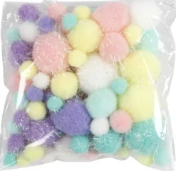 Pomponer - Ø 15-40 MM - Glitter - Pastelfarver - 62 G