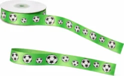 Satinbånd Med Fodbolde - 25 MM - 20 Meter - Grøn