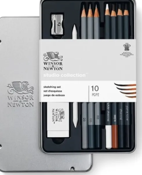 Skitsesæt Med Blyanter Og Tilbehør - Studio Collection - Winsor & Newton - 10 Dele
