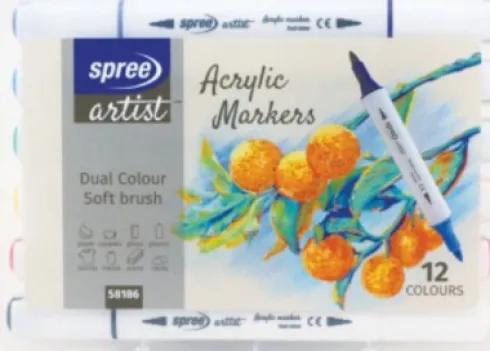 Spree Artist - Acrylic Markers - 12 Dual Colour Soft Brush Farver