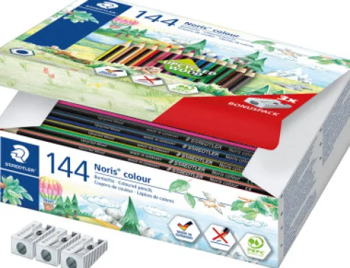 Staedtler Noris - 144 Farveblyanter Og 3 Blyantspidsere - 12 Farver