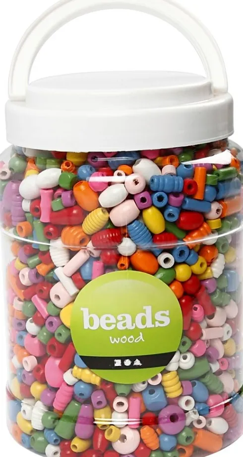 Træperler - Ø 5-28 MM - Hulstr. 2,5-3 MM - Assorterede Farver - 800 G - 2 L/ 1 Spand